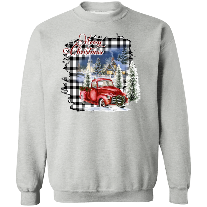 Merry Christmas Plaid Truck Crewneck Pullover Sweatshirt