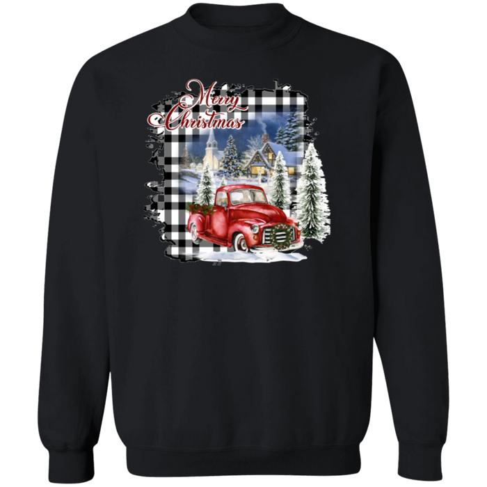 Merry Christmas Plaid Truck Crewneck Pullover Sweatshirt