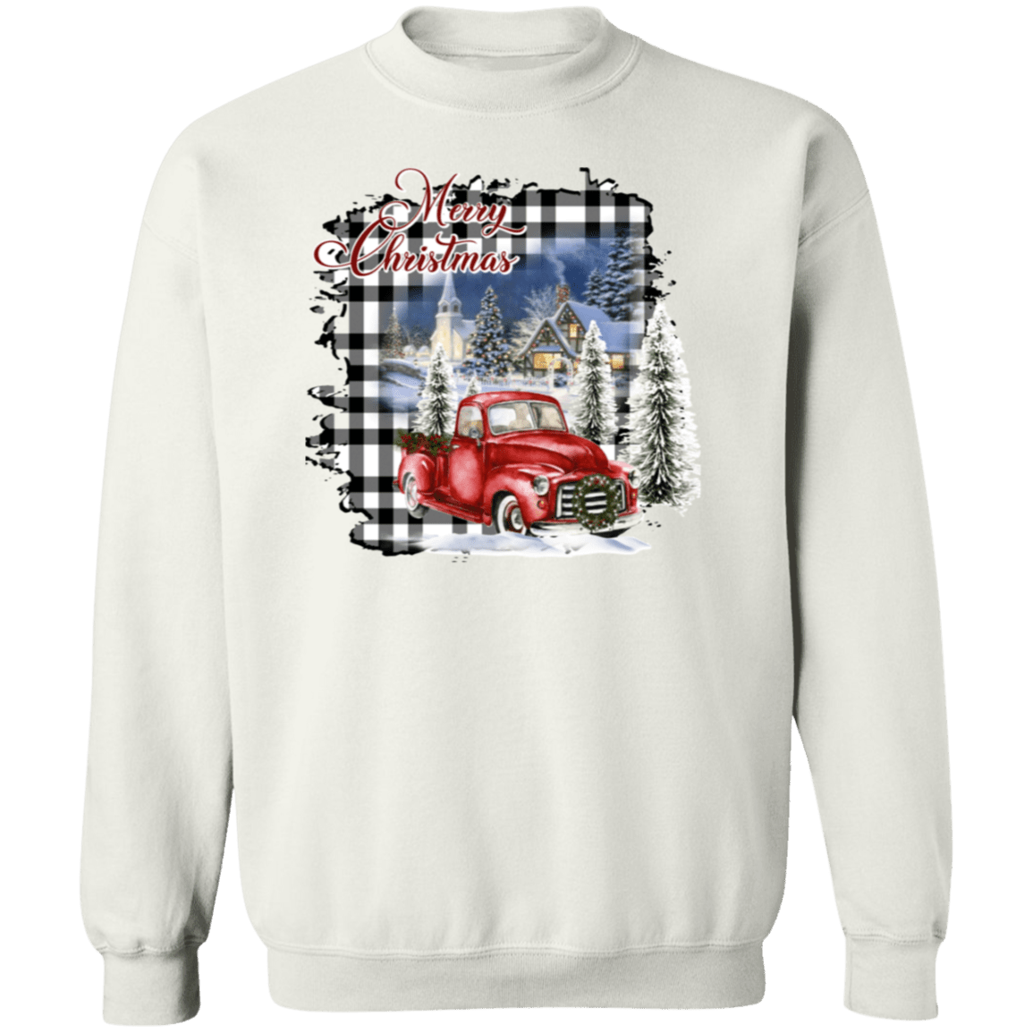 Merry Christmas Plaid Truck Crewneck Pullover Sweatshirt - Busy Bee Graphix