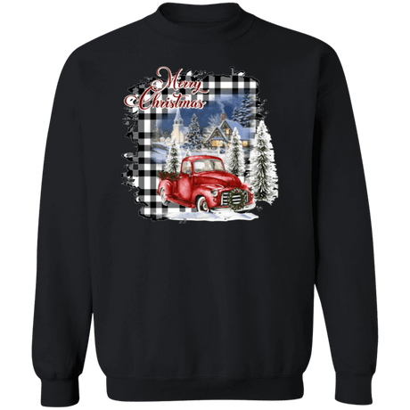 Merry Christmas Plaid Truck Crewneck Pullover Sweatshirt - Busy Bee Graphix