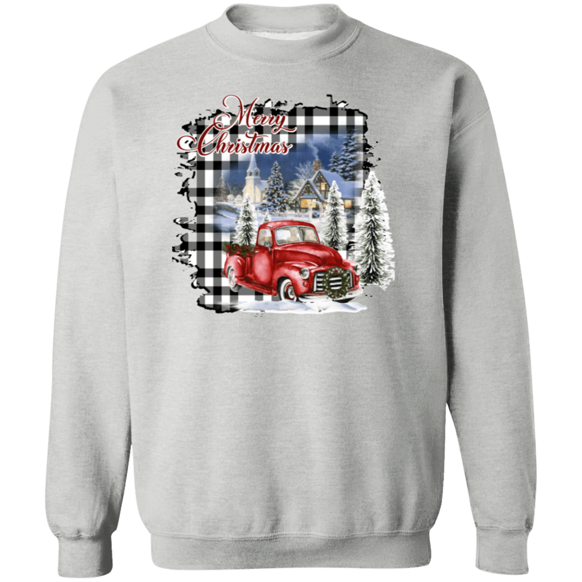 Merry Christmas Plaid Truck Crewneck Pullover Sweatshirt - Busy Bee Graphix